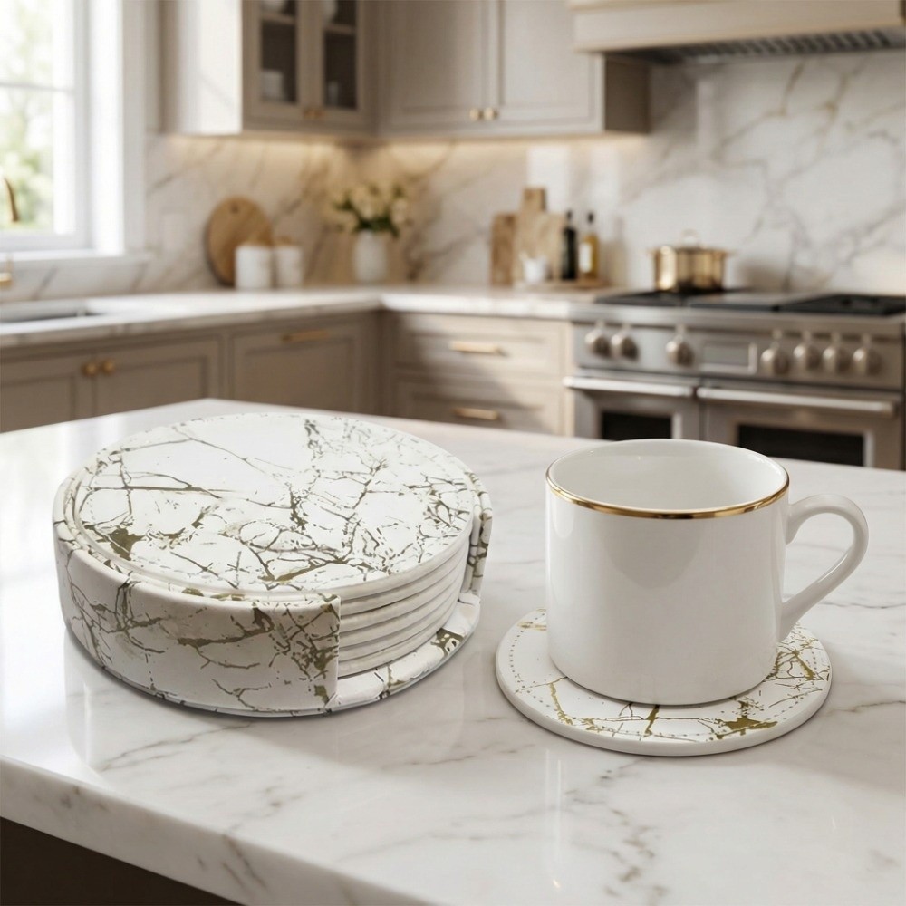 7Pcs Coaster Set PU Leather Co - Marble Coaster Set review and price